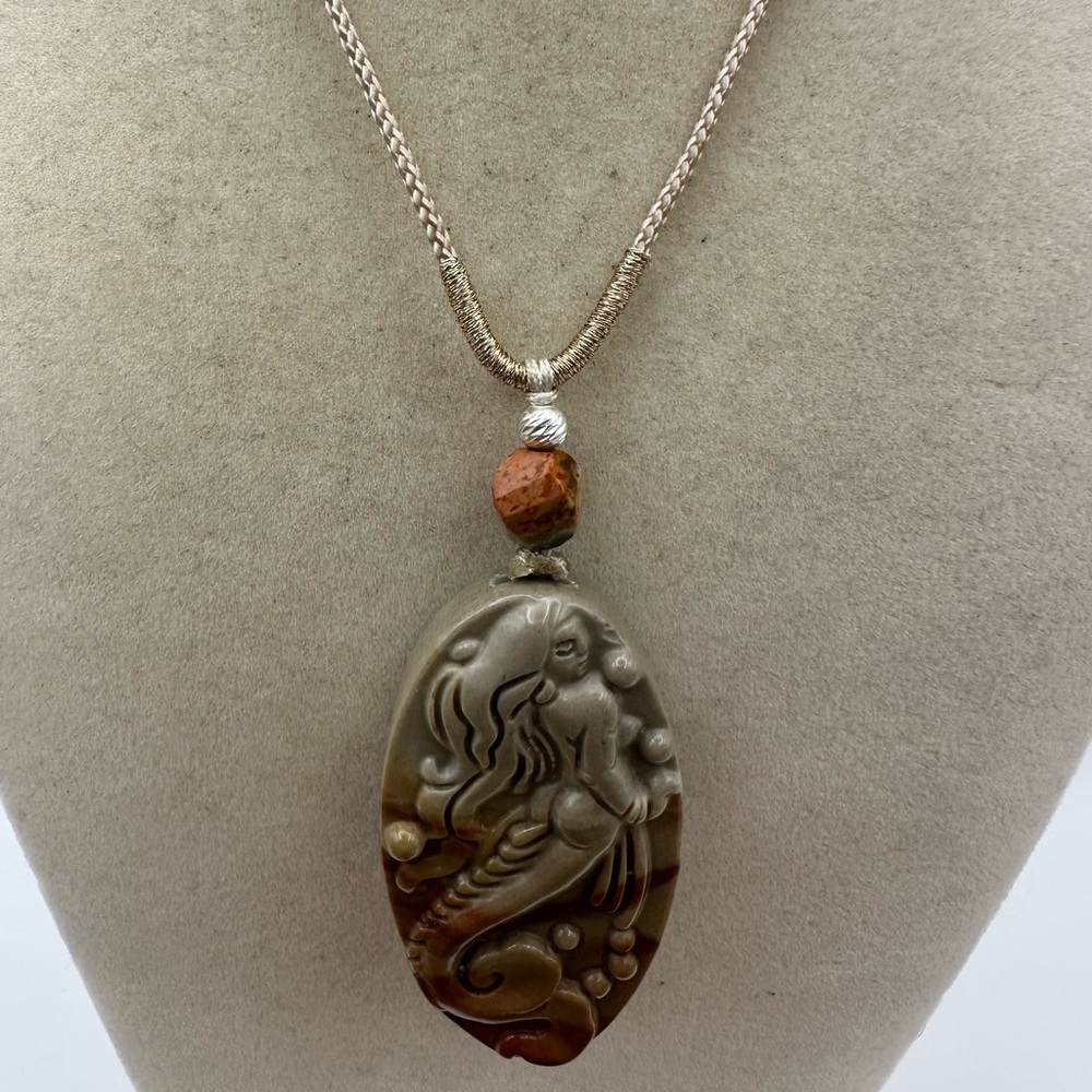 Polychrome Jasper Oval Mermaid Carving Pendant on Adjustable Rope with Silver - Picture 12 of 12